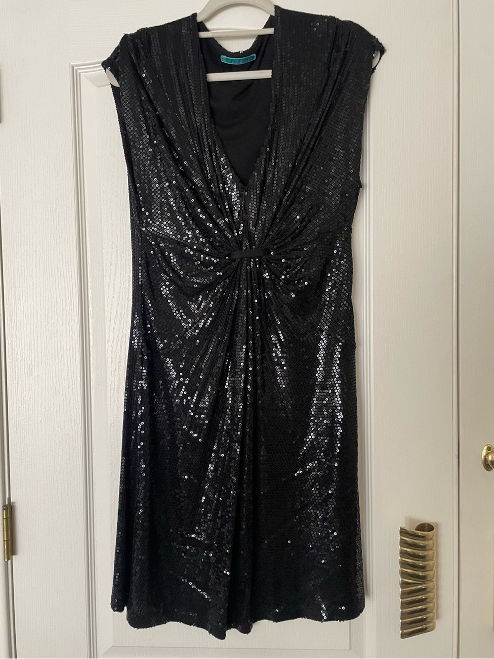 Black sequenced midi dress by Velvet, soft lined with front gather and v-neck